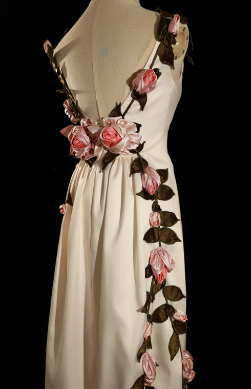 Ivory Floral Embellished Evening Gown - Aline Sleeveless Dress with Pink Floral Accents Plus Size